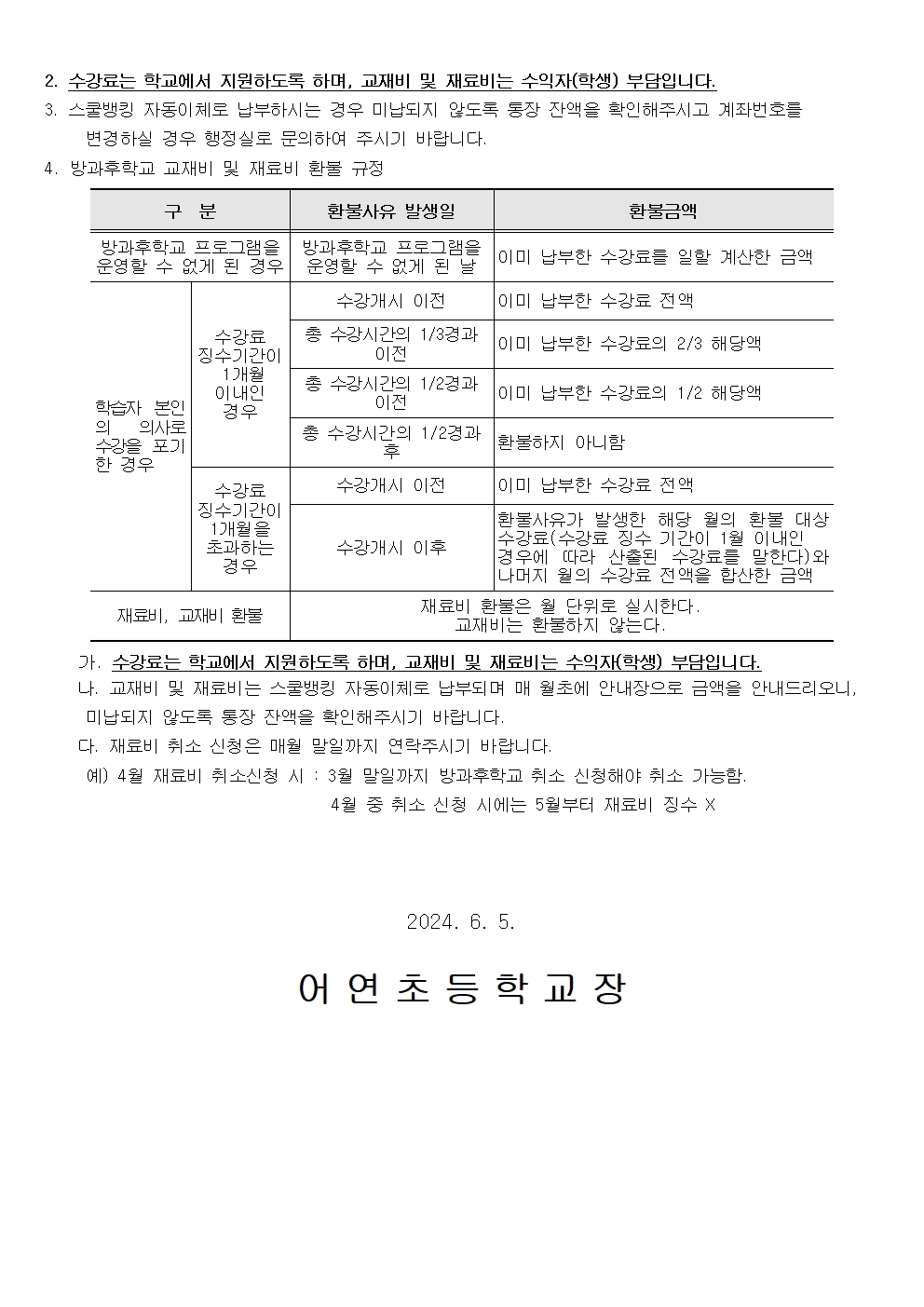 6월 방과후학교 수강료, 재료비 징수 및 환불규정 안내002